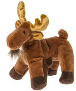 A stuffed moose with gold horns and tail.