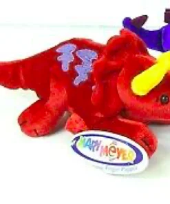 A red stuffed animal with horns and a yellow tail.