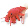 A red lobster is being held by someone hand.