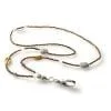 A brown and white lanyard with two silver beads.