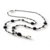 A black and silver beaded lanyard with a clip.