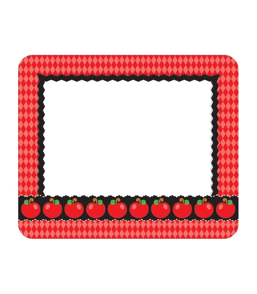 A red and black frame with apples on it.