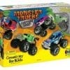 A box of monster trucks with different colors and styles.