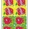 A bunch of stickers that are on the back of some apples.