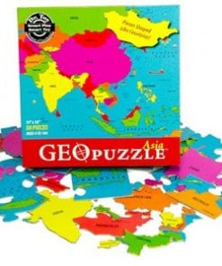 A box of colorful puzzle pieces with the word " geo " on it.