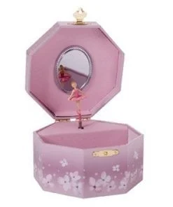 A pink musical box with a mirror and a little girl