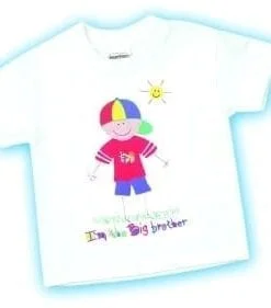 A white t-shirt with a drawing of a boy.