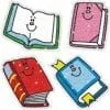 A set of four books with faces on them.
