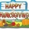 A happy thanksgiving sign with pumpkins and squash.