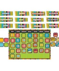 A colorful calendar with spanish numbers and months.