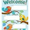 A welcome sign with three birds on it.