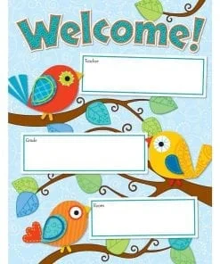 A welcome sign with three birds on it.