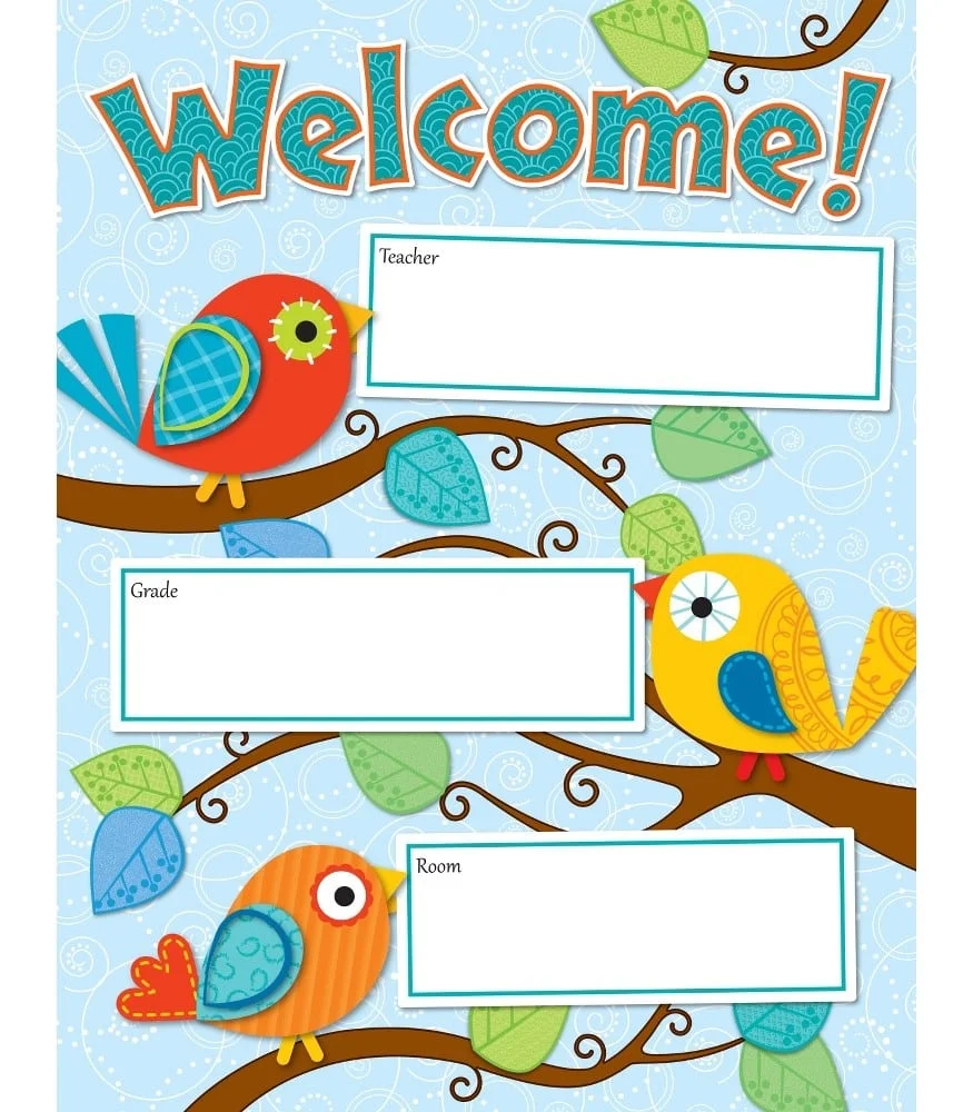 A welcome sign with three birds on it.