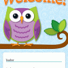 A Colorful Owls Welcome Chart sitting on a branch with the words welcome.