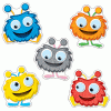 A group of five different colored monsters with one blue, one grey, and two yellow.