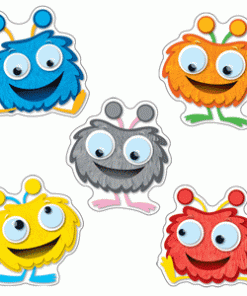 A group of five different colored monsters with one blue, one grey, and two yellow.