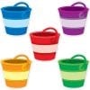 A group of five buckets in different colors.