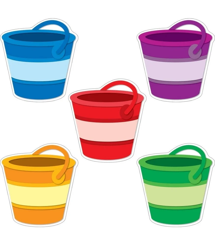A group of five buckets in different colors.