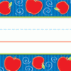 A blue and red apple themed name plate.
