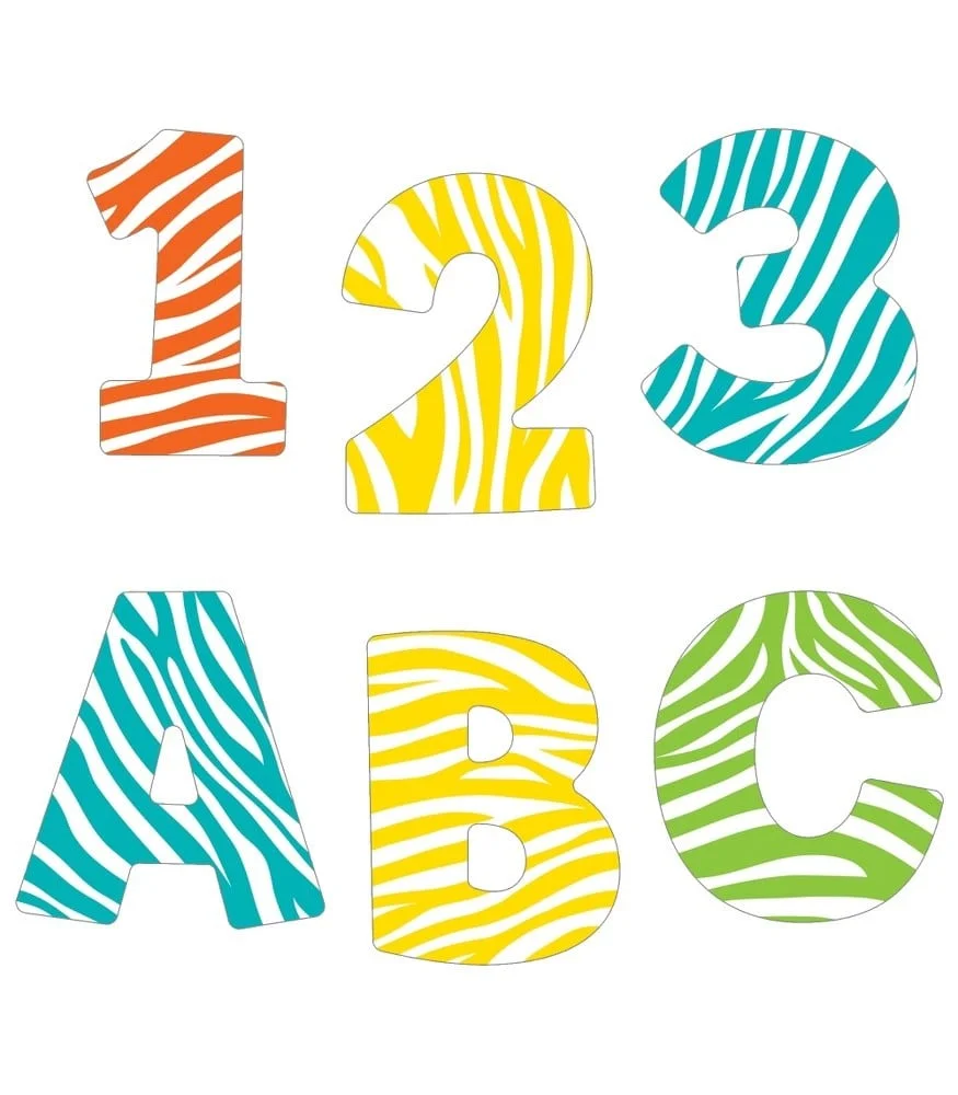 Bright zebra-striped numbers and alphabet letters