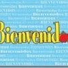A blue background with the word bienvenido written in many different languages.