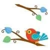 Red cartoon bird perched on decorative branch