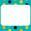 A blue background with yellow, black and white polka dots.