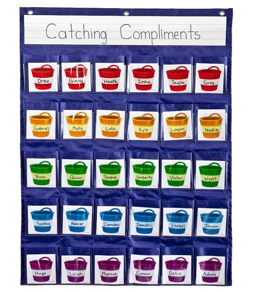 A wall of pockets with different colors and words.