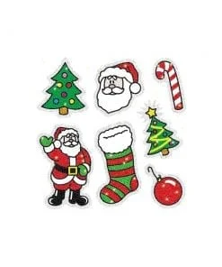 A set of christmas stickers with santa, tree and candy cane.