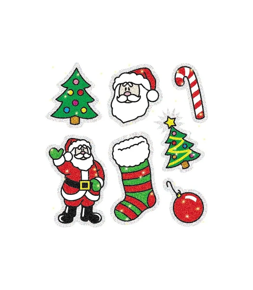 A set of christmas stickers with santa, tree and candy cane.