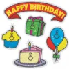A birthday cake, balloons and cupcake are on the table.