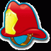 A red and yellow fire hat with a blue border.