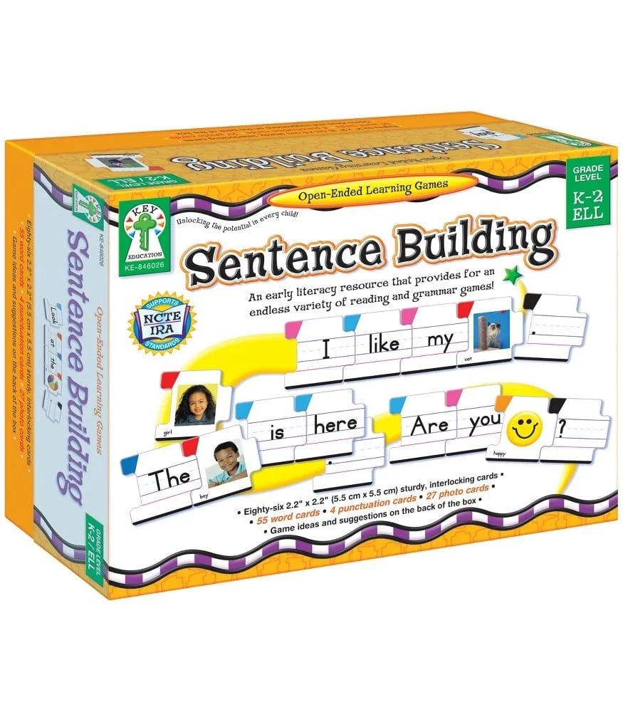 A box of sentence building with pictures on it.