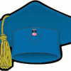 A blue graduation cap with a smiley face on it.