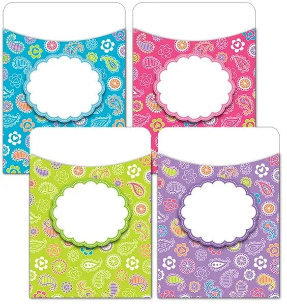 A set of four different colored envelopes with a circle on the front.