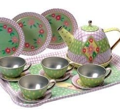 A Children's Tin Tea Set with cups and saucers on a tray.