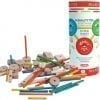 A tube of wooden sticks and colored wood pieces.