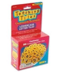A box of teaching tiles with the letters lowercase.