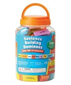 A jar of sentence building dominoes