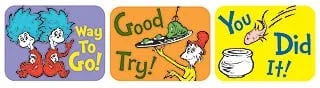 Four Dr. Seuss stickers with the words good go try.