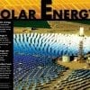 A poster of solar energy with many rows of blue and white mirrors.