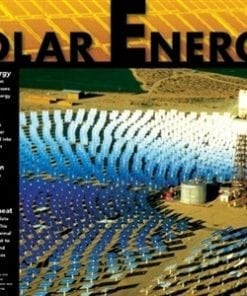 A poster of solar energy with many rows of blue and white mirrors.