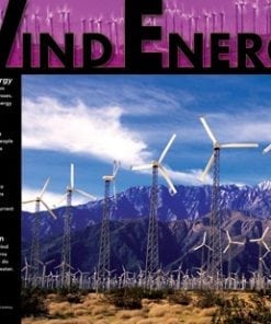 A poster of wind energy with mountains in the background.