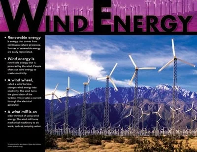 A poster of wind energy with mountains in the background.