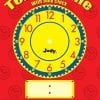 A red book cover with a yellow and blue clock on it.