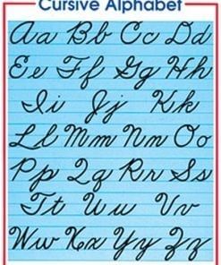 A blue lined paper with cursive letters