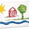 A child 's drawing of a barn, tree and sun.