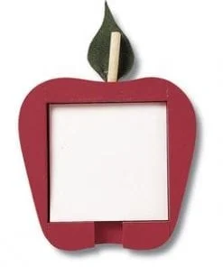 A red apple shaped picture frame with a leaf on top.