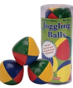 A tube of juggling balls with three different colors.