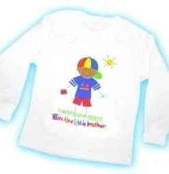 A white shirt with a drawing of a boy.